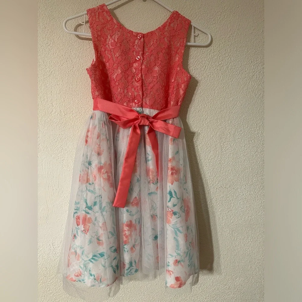 Jona Michelle Party Dress Girl Coral Lace Bodice Floral Print Under Tulle Size 8